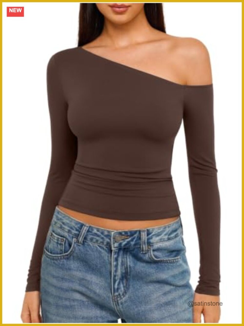 Women's Long Sleeve Off Shoulder Top - Fitted Stretch Knit Shirt